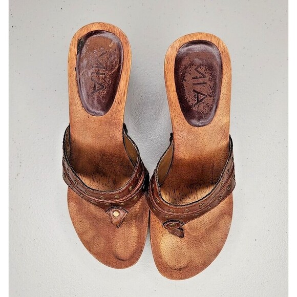 MIA Shoes - Vintage 90s y2k Bratz MIA Brown Leather Wood Sole Slides Heeled Sandals 7 EUC